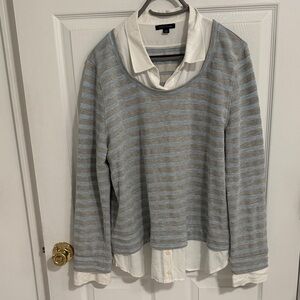 Gray, blue and White Striped Sweater with Collar size XL